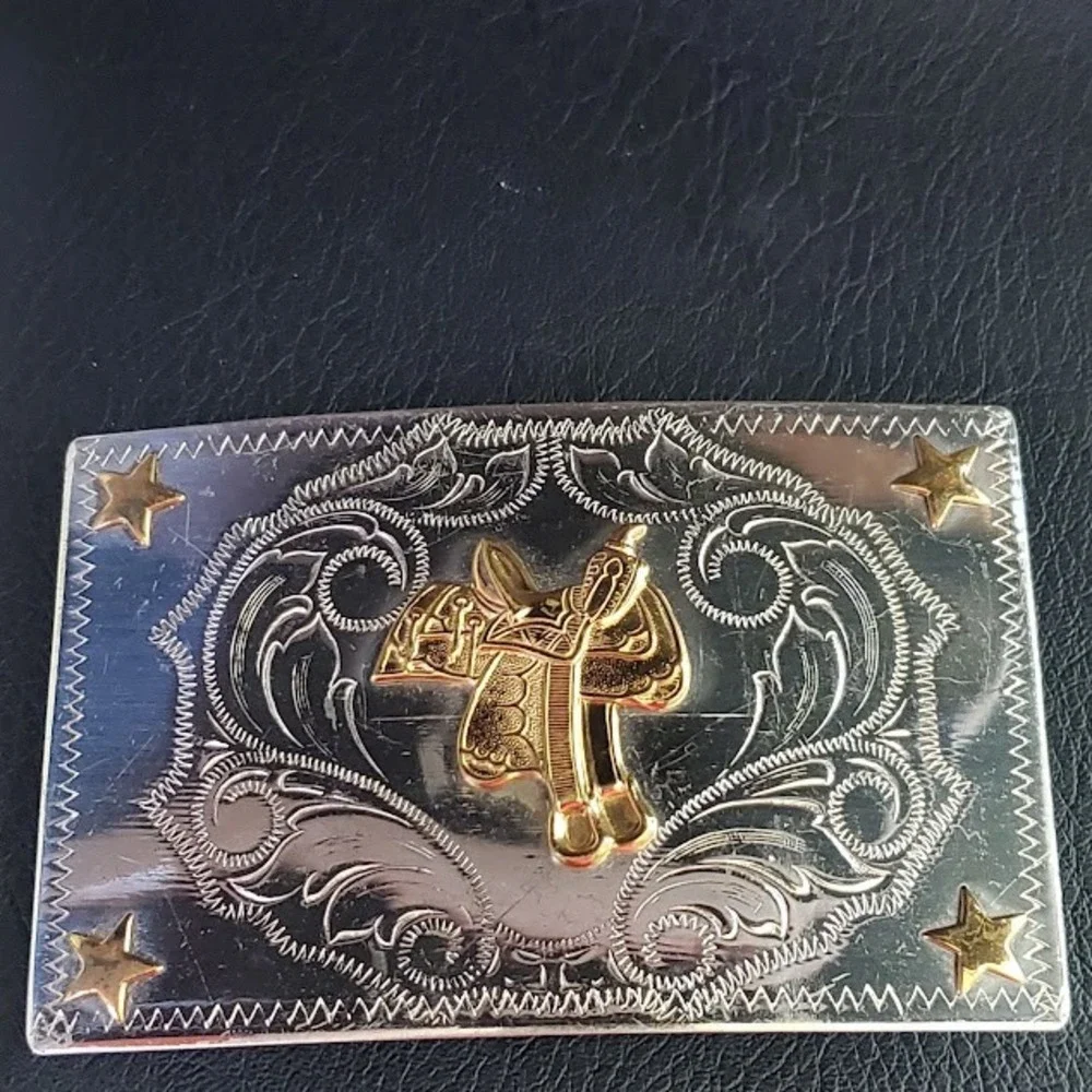 Vintage Nickel Silver Western Belt Buckle Gold Tone Saddle and Stars Engraved